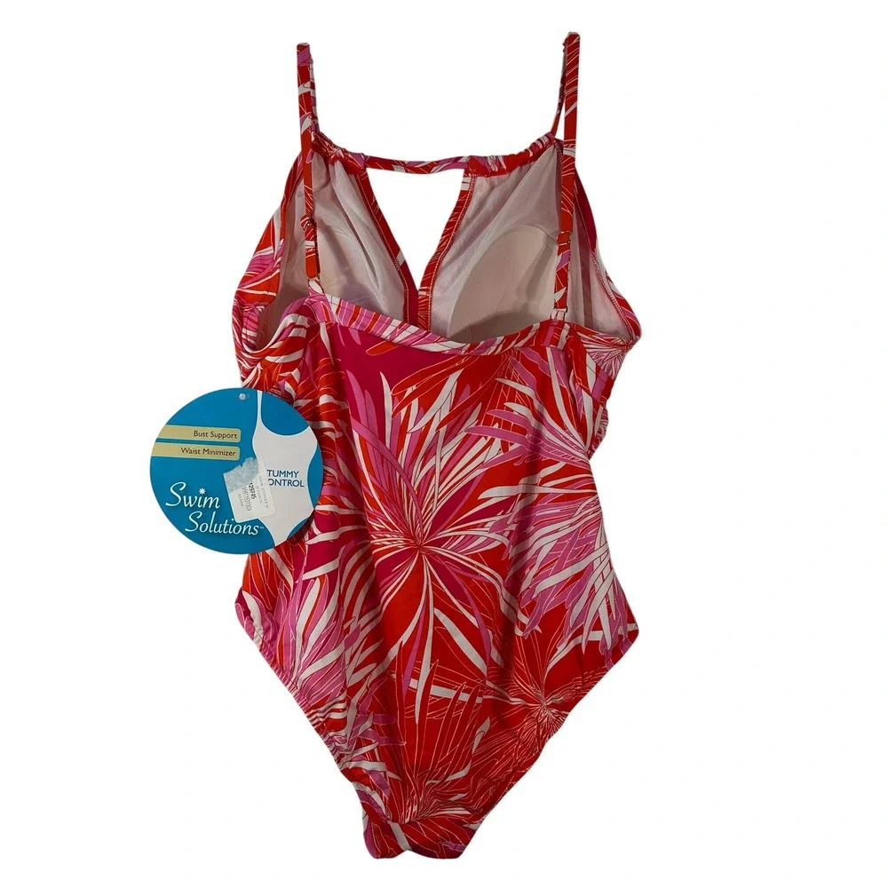 Swim Solutions Womens Red Tropical Palm Tummy Control One Piece Swimsuit Size 16 - Picture 2 of 6